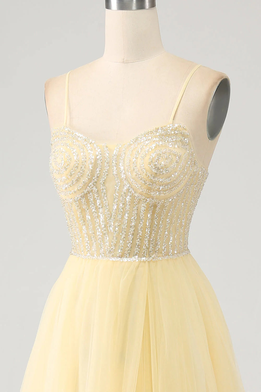 Amzcw Light Yellow A-Line Spaghetti Straps Beaded Tulle Prom Dress with Slit prom dresses shops