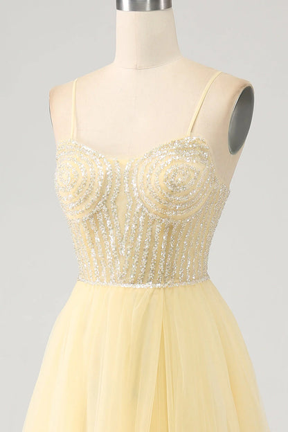 Amzcw Light Yellow A-Line Spaghetti Straps Beaded Tulle Prom Dress with Slit prom dresses shops