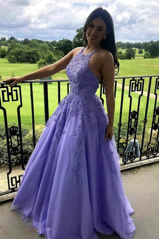 Vestido de fiesta largo de tul lavanda con espalda descubierta y corte A 