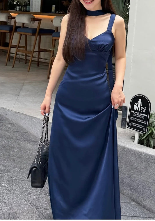 Halter Choker Neck Sweetheart Ruched Waist Satin Open Back Tie Mermaid Prom Dresses