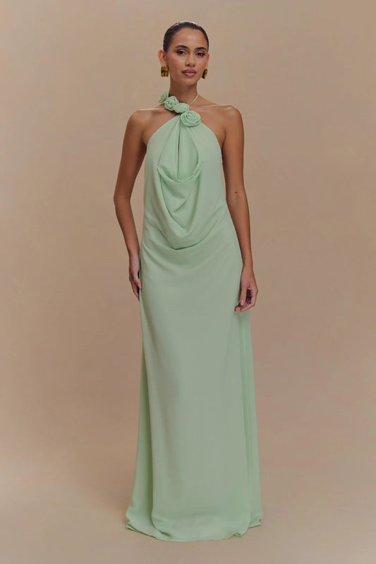 Halter Neck 3D Floral Applique Cowl Neck Open Back Maxi Prom Dresses (Sage Green)