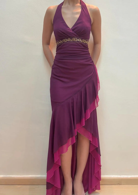 Halter Neck Beaded Waist Chiffon Mermaid Prom Dress with Layered Ruffle High-Low Hem
