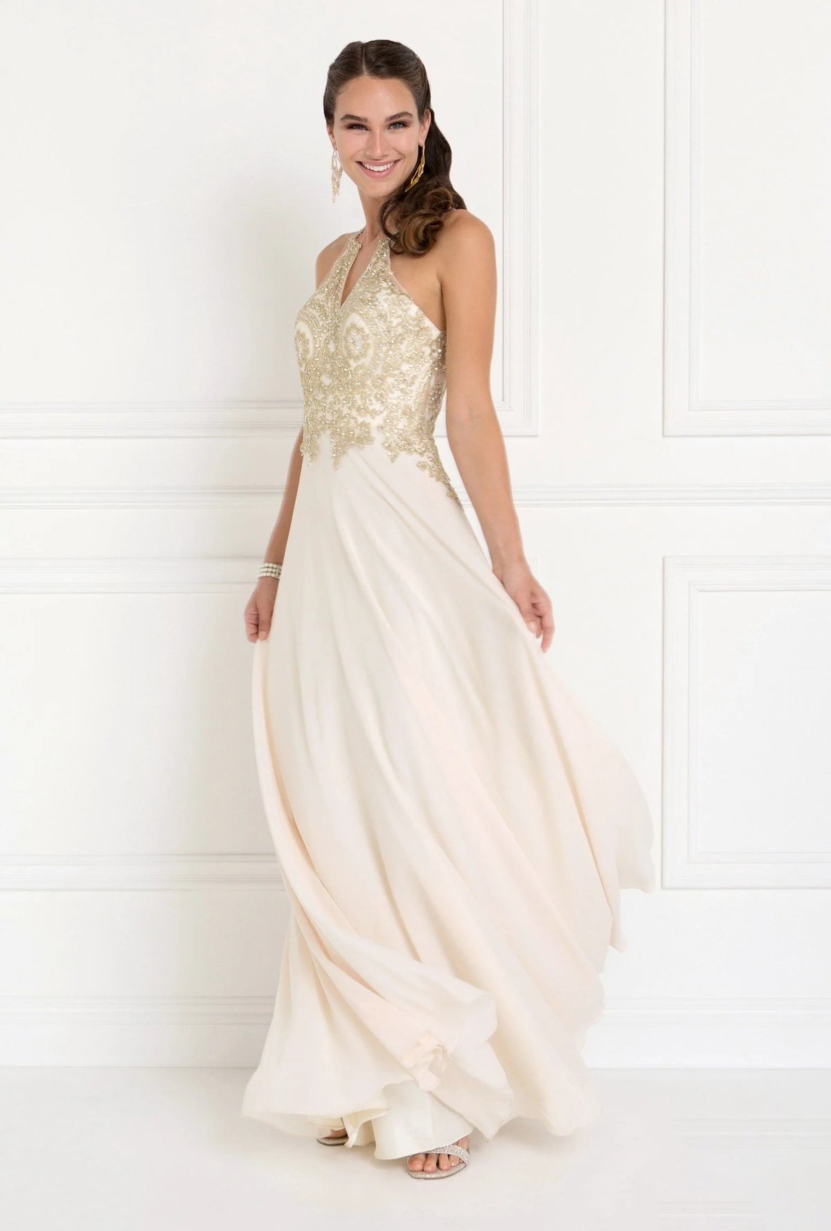 Halter Neck Black Chiffon Evening Dresses with Gold Beaded Bodice and Floor-Length Skirt