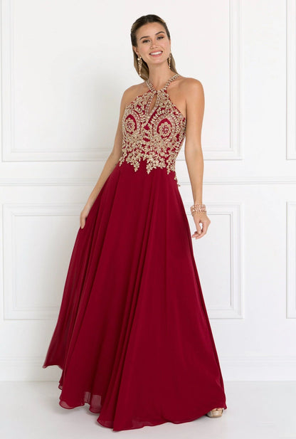 Halter Neck Black Chiffon Evening Dresses with Gold Beaded Bodice and Floor-Length Skirt