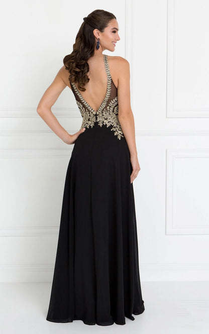 Halter Neck Black Chiffon Evening Dresses with Gold Beaded Bodice and Floor-Length Skirt