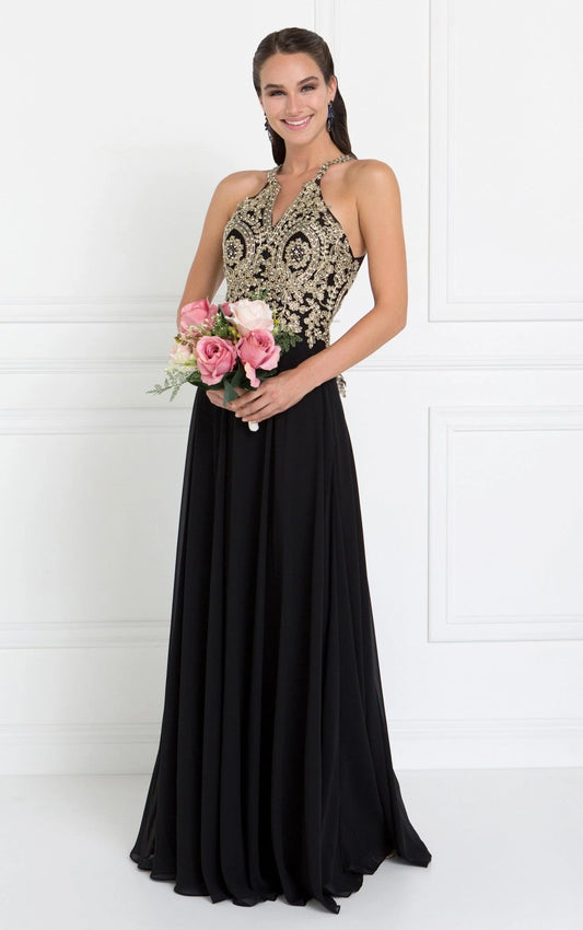 Halter Neck Black Chiffon Evening Dresses with Gold Beaded Bodice and Floor-Length Skirt