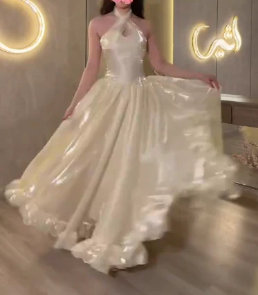 Halter Neck Criss Cross Satin Corset Lace Up Back Ruffled Hem Ball Gown Prom Dresses