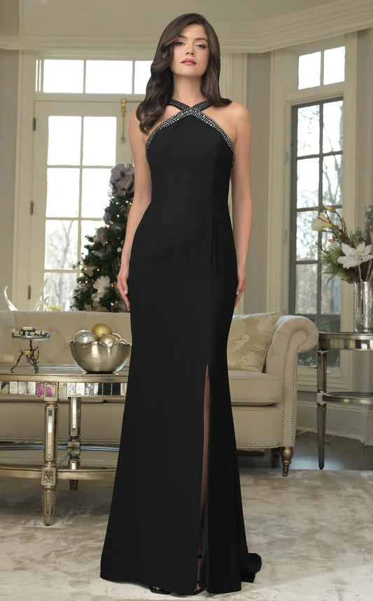 Halter Neck Crystal Embellished High Slit Black Stretch Crepe Mermaid Chapel Train Prom Dresses