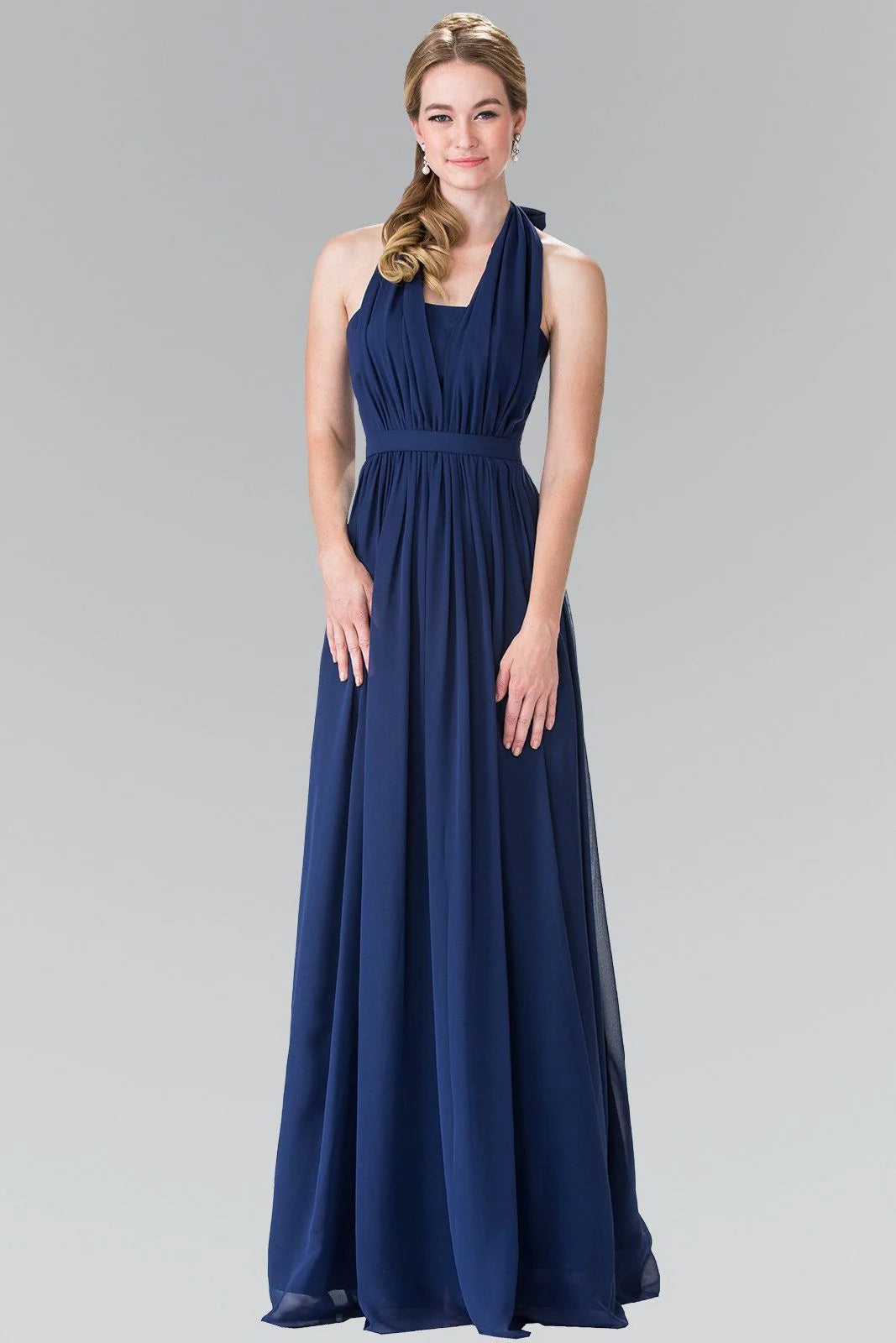 Halter Neck Navy Blue Chiffon Evening Dresses with Bow Back and Floor-Length Skirt