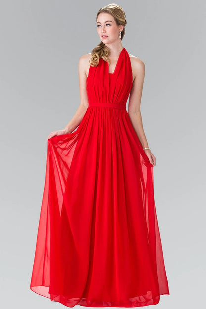 Halter Neck Navy Blue Chiffon Evening Dresses with Bow Back and Floor-Length Skirt