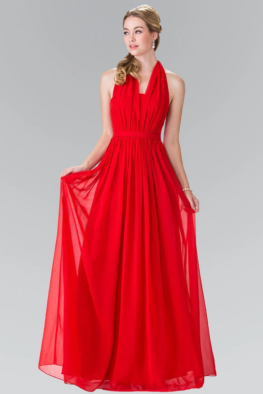 Halter Neck Navy Blue Chiffon Evening Dresses with Bow Back and Floor-Length Skirt