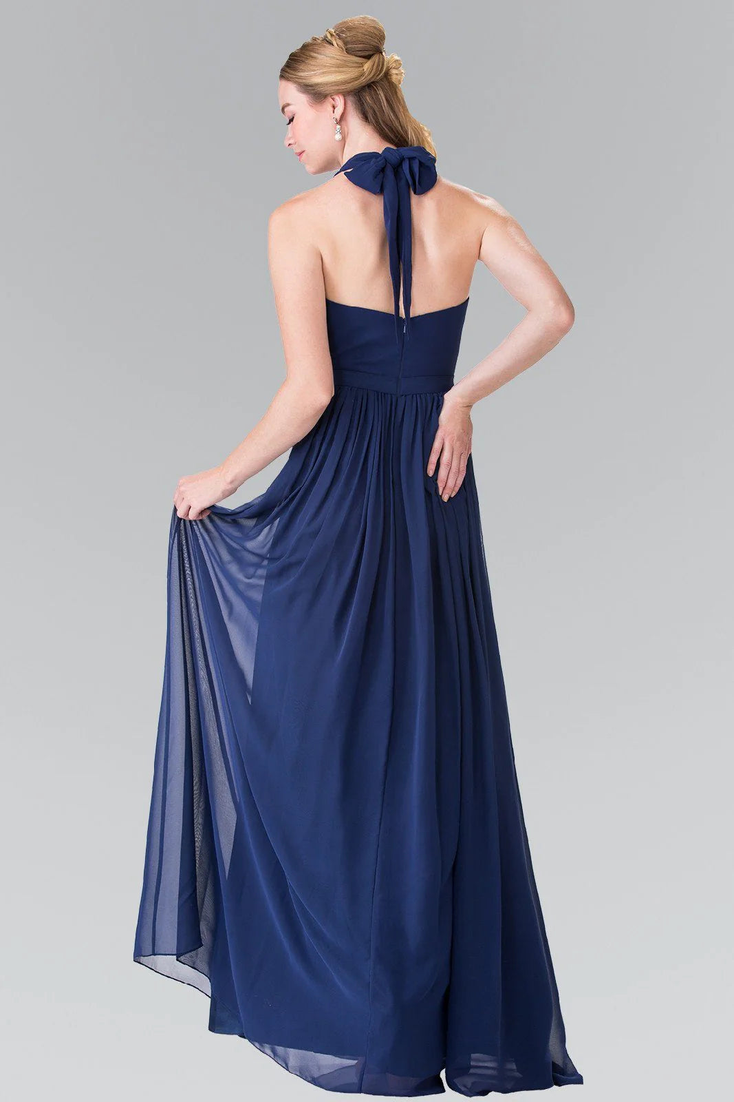 Halter Neck Navy Blue Chiffon Evening Dresses with Bow Back and Floor-Length Skirt
