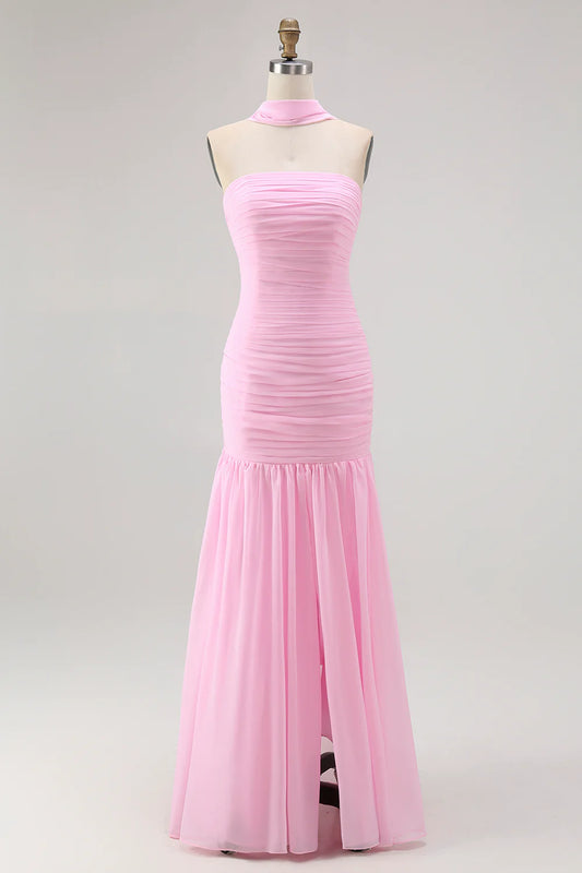 Halter Neck Pink Mermaid Prom Dress with Ruched Bodice, Detachable Train and Flowy Chiffon Skirt