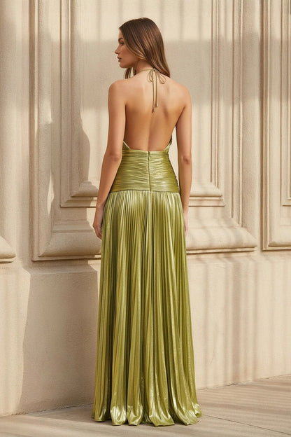 Halter Neck Pleated Metallic A Line Floor Length Formal Evening Gown With High Slit For Wedding Guest Homecoming Prom Dress