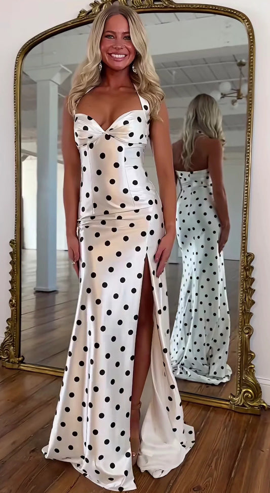 Halter Neck Sweetheart Polka Dot Satin High Side Slit Back Train Mermaid Maxi Dresses