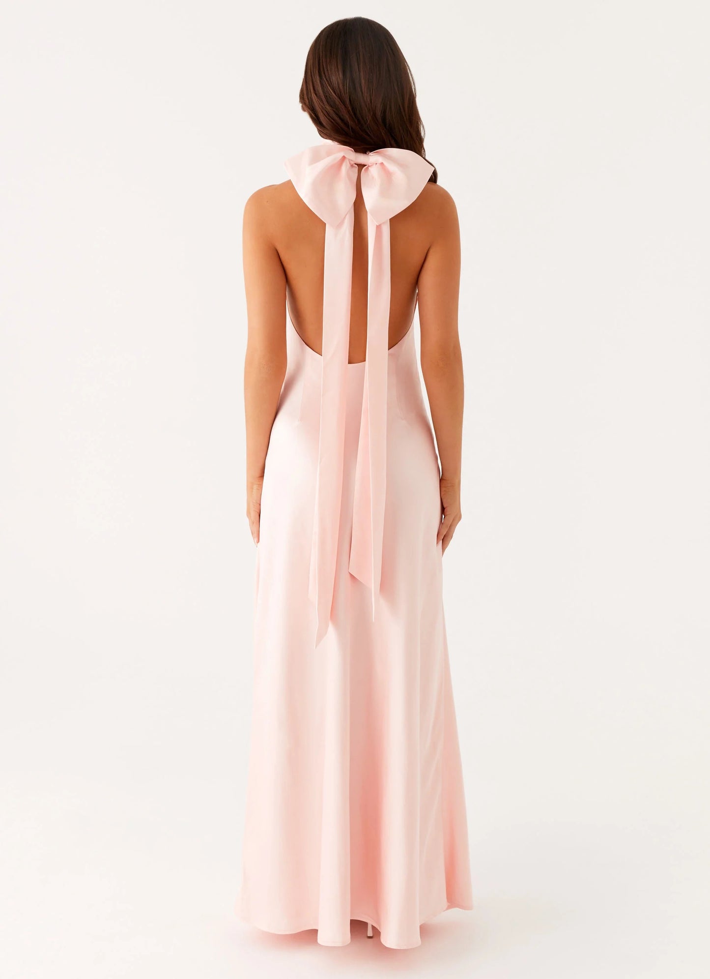 Halter Neck Tie Back Bow Open Back Blush Pink Satin Mermaid Maxi Dress