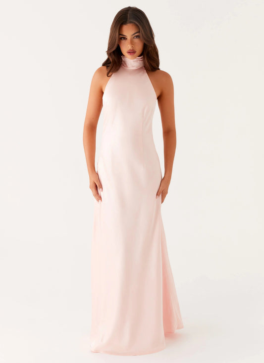 Halter Neck Tie Back Bow Open Back Blush Pink Satin Mermaid Maxi Dress