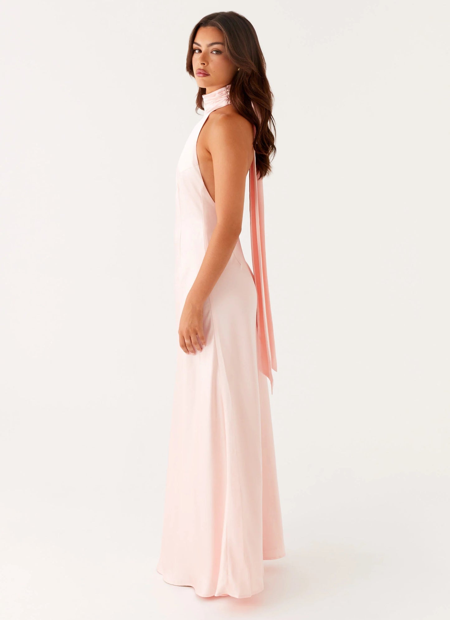 Halter Neck Tie Back Bow Open Back Blush Pink Satin Mermaid Maxi Dress