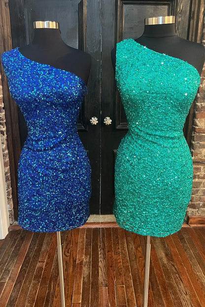 Vestidos de fiesta mini con un hombro al descubierto y lentejuelas con elegante espalda transparente 