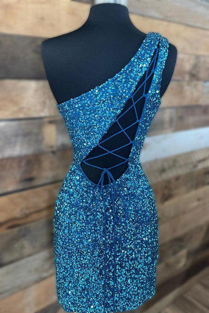 Vestidos de fiesta mini con un hombro al descubierto y lentejuelas con elegante espalda transparente 