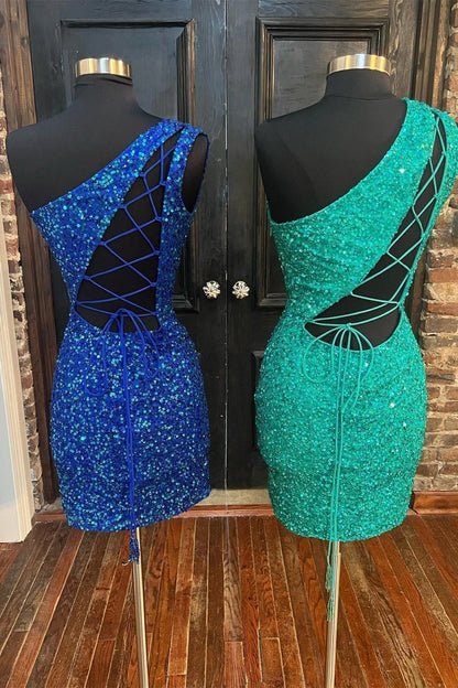 Vestidos de fiesta mini con un hombro al descubierto y lentejuelas con elegante espalda transparente 