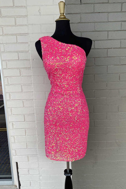 Vestidos de fiesta mini con un hombro al descubierto y lentejuelas con elegante espalda transparente 