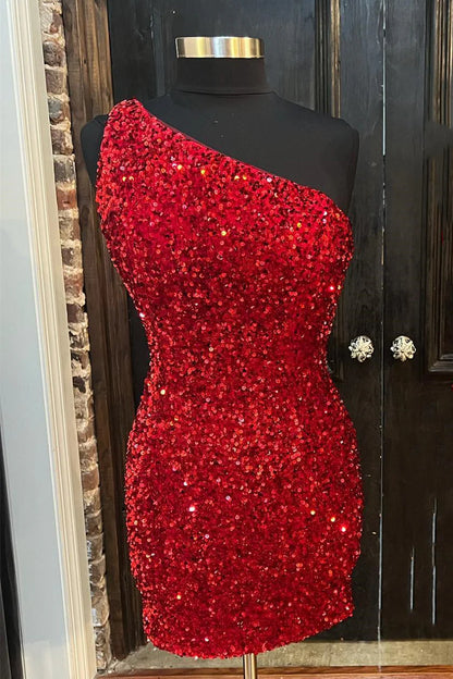 Vestidos de fiesta mini con un hombro al descubierto y lentejuelas con elegante espalda transparente 
