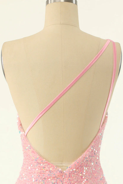 Vestidos de fiesta cortos con un solo hombro, lentejuelas y elegante espalda transparente 