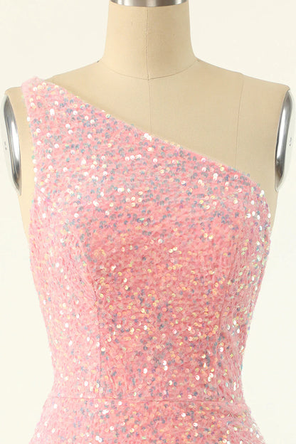 Vestidos de fiesta cortos con un solo hombro, lentejuelas y elegante espalda transparente 