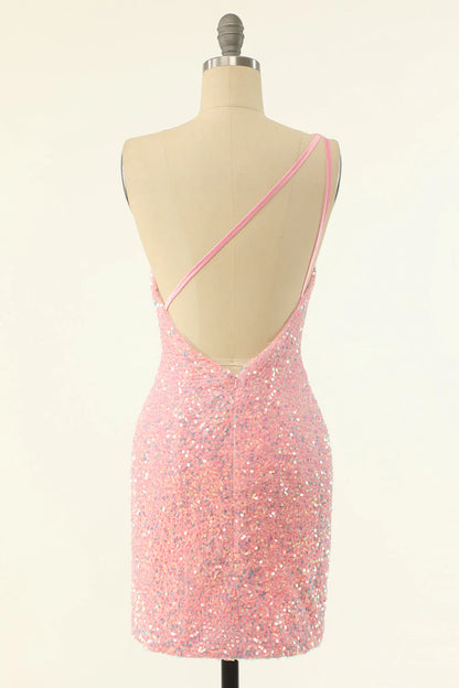 Vestidos de fiesta cortos con un solo hombro, lentejuelas y elegante espalda transparente 