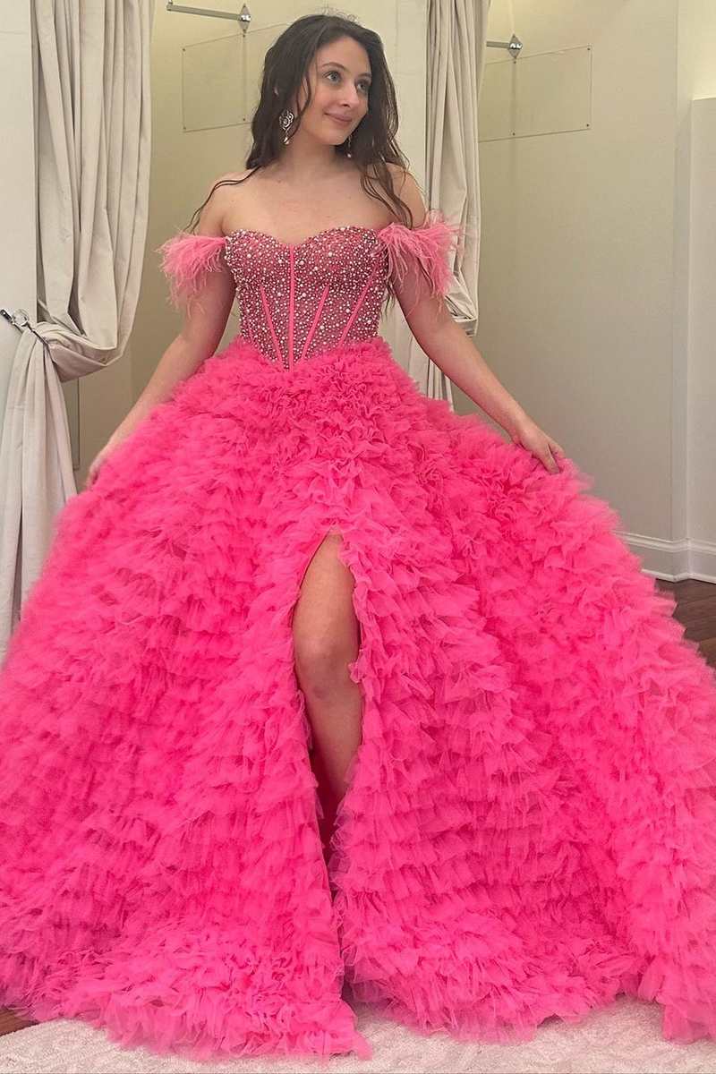Hot Sale Beaded Feather Off-the-Shoulder Tiered Long Prom Dress with Slit