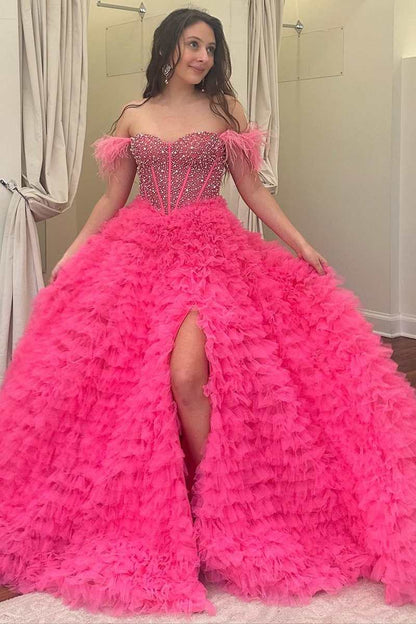 Hot Sale Beaded Feather Off-the-Shoulder Tiered Long Prom Dress with Slit