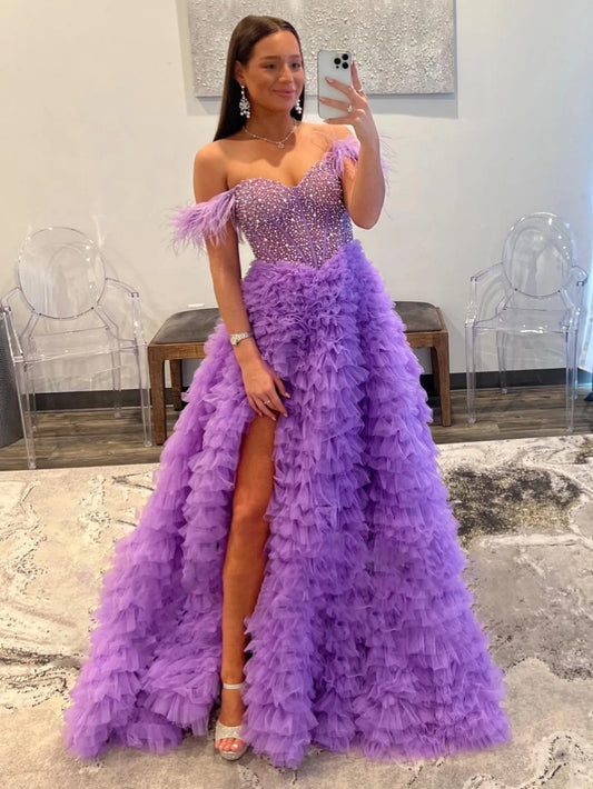 Hot Sale Beaded Feather Off-the-Shoulder Tiered Long Prom Dress with Slit