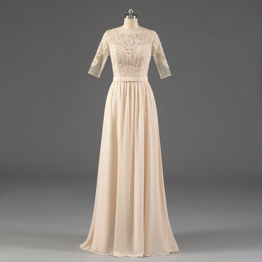 Hot Sale Crew Half Sleeves Long Mother Of The Bride Dresses With Beading
