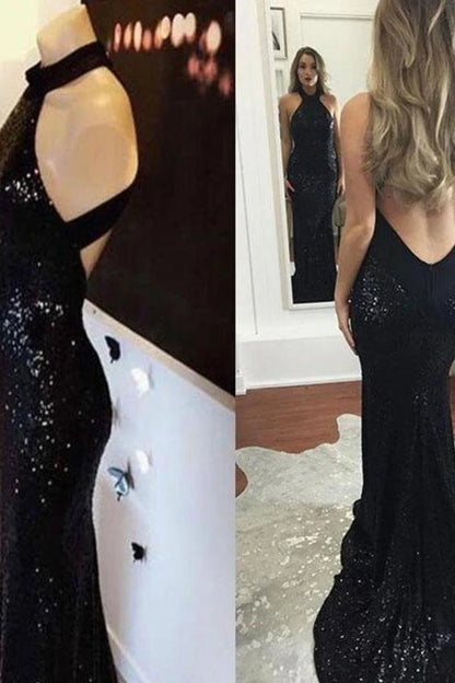 Vestidos de fiesta de sirena con lentejuelas sexys, cuello halter, espalda abierta y cremallera 