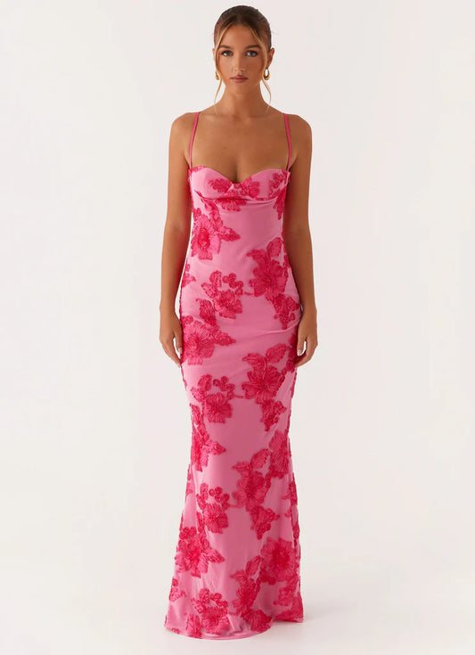 Hot Pink 3D Floral Applique Spaghetti Strap Sweetheart Neck Mermaid Maxi Prom Dress