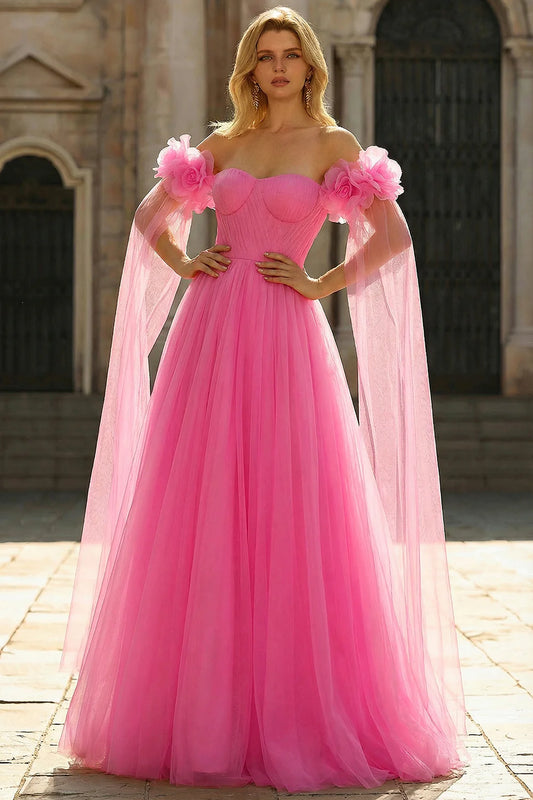 Hot Pink Off-the-Shoulder Tulle A-Line Prom Dress with 3D Flower Cape Sleeves
