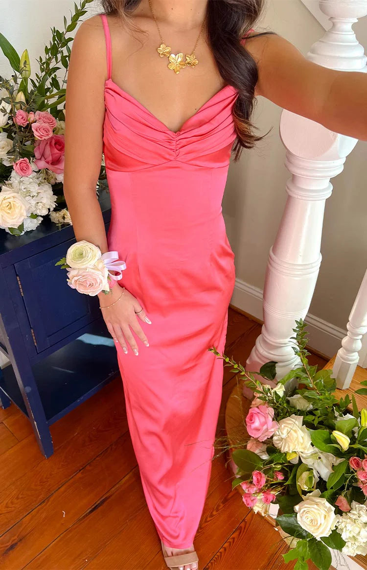 Hot Pink Satin Maxi Dresses with Twist Front V Neck Thin Straps and Side Slit