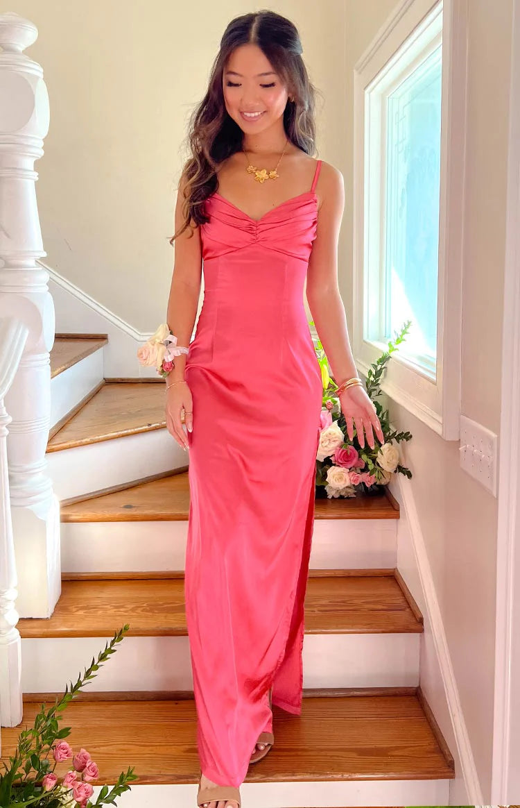 Hot Pink Satin Maxi Dresses with Twist Front V Neck Thin Straps and Side Slit