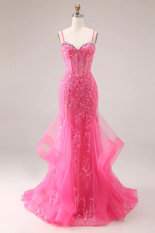 Hot Pink Spaghetti Strap Lace Mermaid Prom Dress with Rhinestone and Ruffle Train
