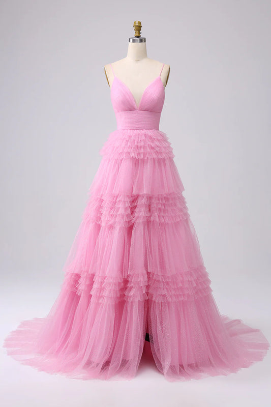 Hot Pink Spaghetti Strap V-Neck Tiered Ruffle Glitter Tulle Maxi Prom Dress