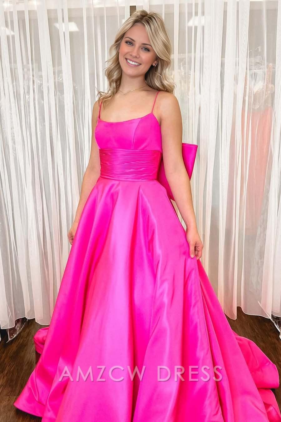 Vestido de fiesta largo de satén con tirantes finos en rosa intenso de Amzcw, corte A y lazo grande