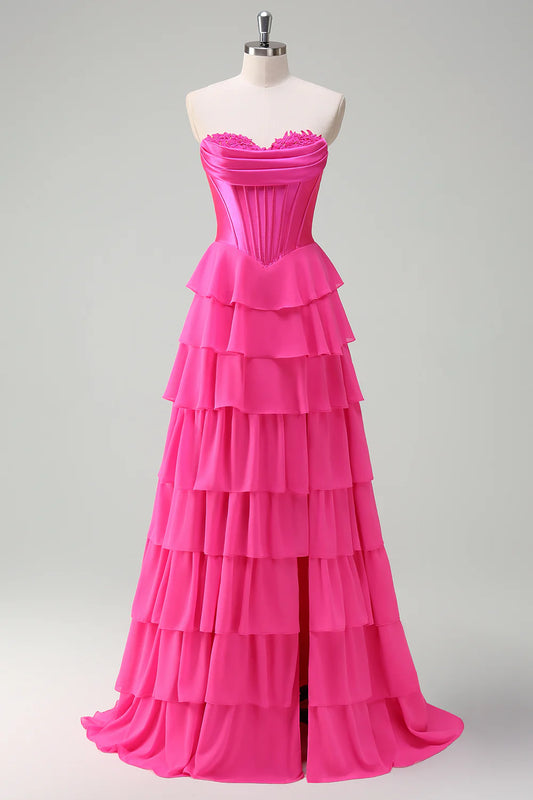 Hot Pink Strapless 3D Floral Applique Corset Tiered Ruffle Maxi Prom Dress with Slit and Train