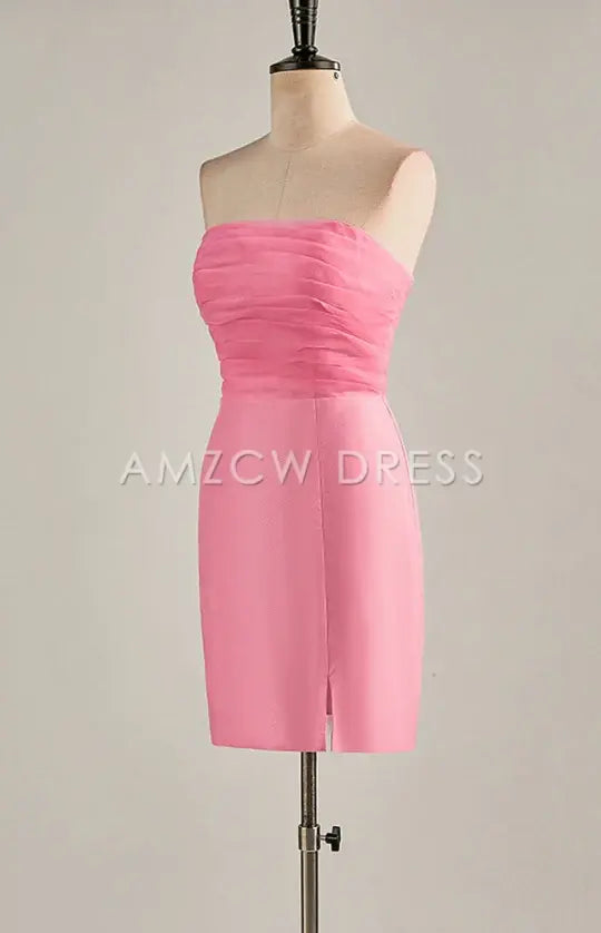 Amzcw Elegant Hot Pink Strapless Chiffon Knee Length Homecoming Dress formal wear dresses
