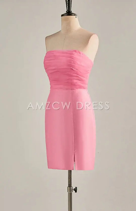 Amzcw Elegant Hot Pink Strapless Chiffon Knee Length Homecoming Dress formal wear dresses