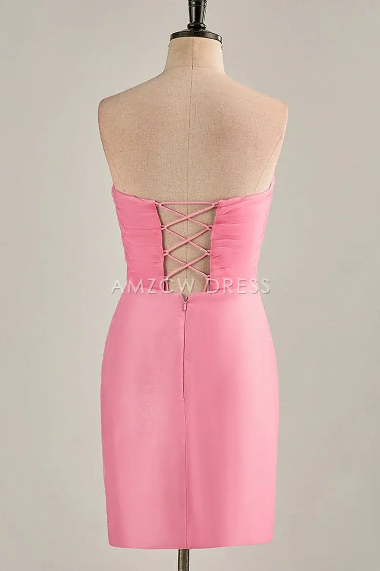 Amzcw Elegant Hot Pink Strapless Chiffon Knee Length Homecoming Dress formal wear dresses
