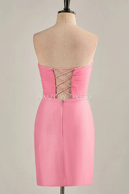 Amzcw Elegant Hot Pink Strapless Chiffon Knee Length Homecoming Dress formal wear dresses