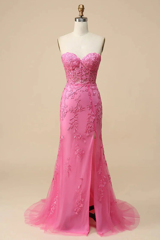 Hot Pink Strapless Lace Applique Corset Mermaid Maxi Prom Dress with Slit and Lace-Up Back