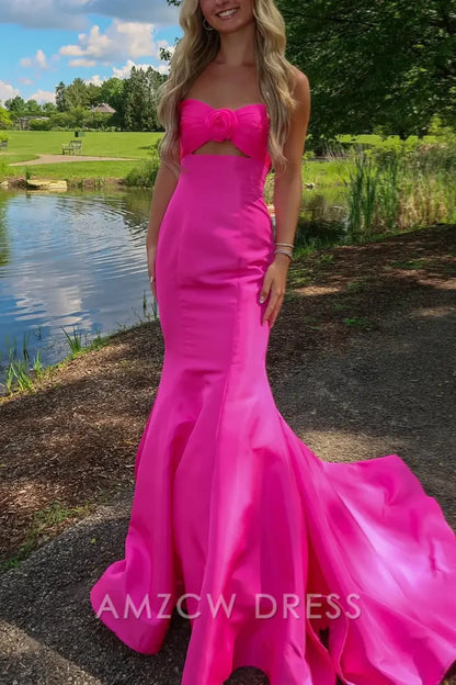 Vestido de fiesta largo plisado de satén con escote sirena, sin tirantes, color rosa intenso, de Amzcw