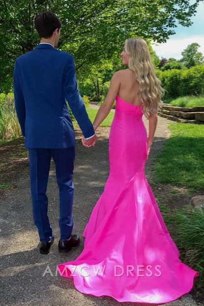 Vestido de fiesta largo plisado de satén con escote sirena, sin tirantes, color rosa intenso, de Amzcw